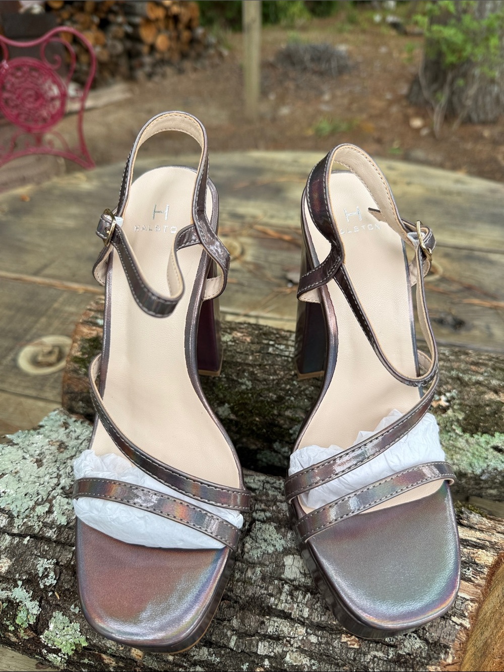 H by Halston Iridescent Metallic Bronze-Pewter Block Heel Sandals